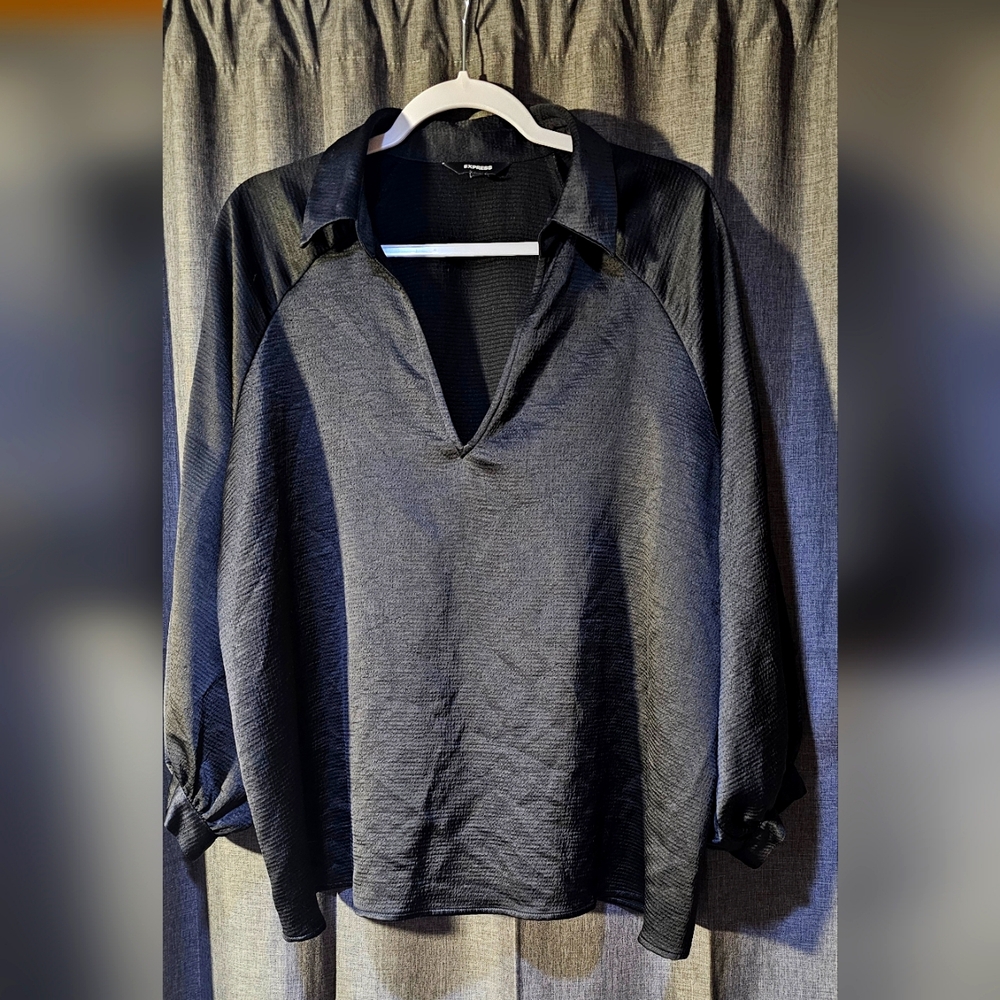 Express Black Medium Weight Satin Portofino Style Shirt Size XL
